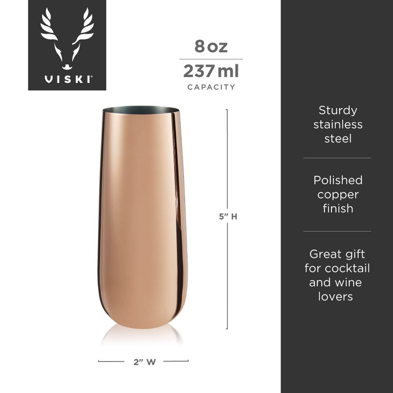Viski Stemless Champagne Flutes, Stainless Steel Sparkling Wine Glasses for Prosecco, Sparkling Cocktails, Mimosas, Elegant Glassware for Wedding Gifts, Home Bar, 8 oz, Set of 2, Copper - Image 3